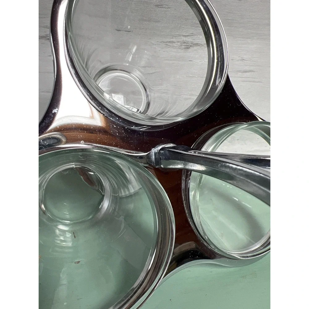Vintage Chrome Glass Condiment Holder Faux Wood